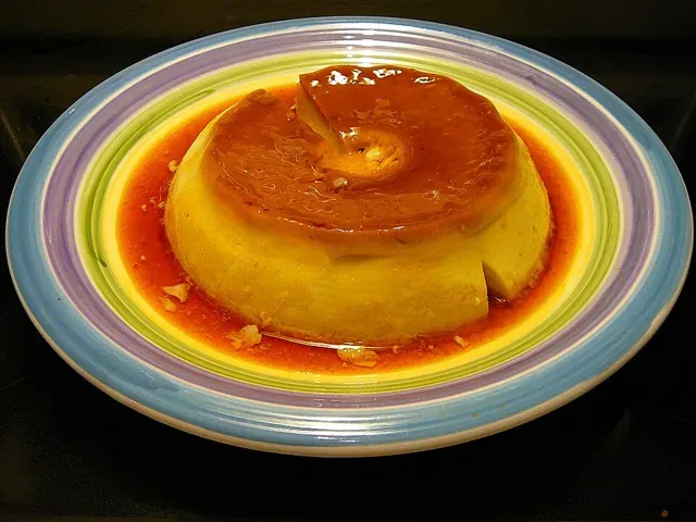 Leche flan and fruit salad