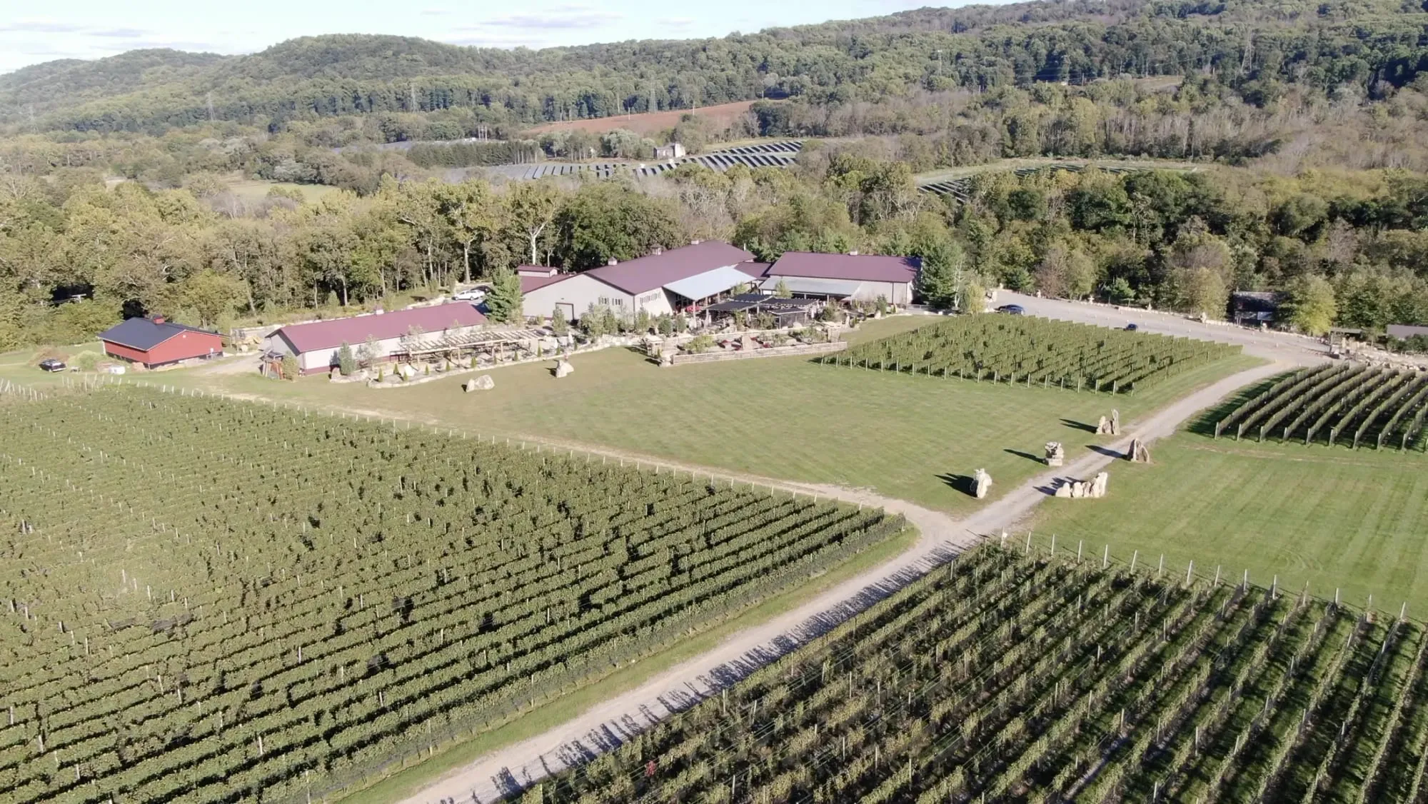 Aerial view of Alba Vineyard’s rows and tasting room in the hills above the Delaware