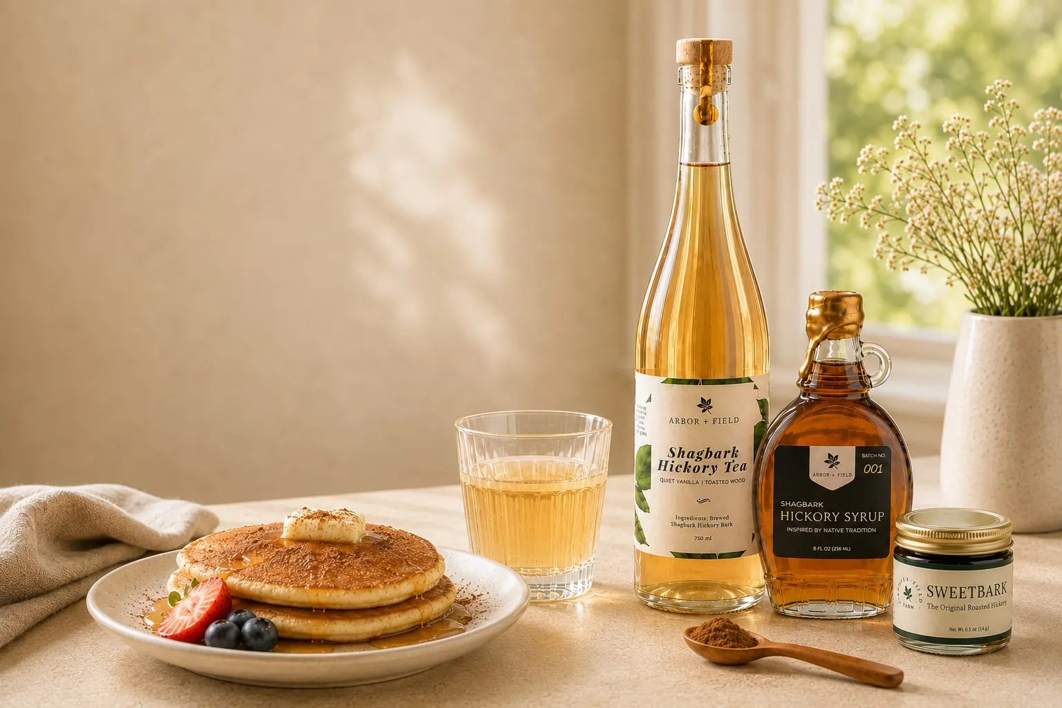 Pancakes with Shagbark Hickory syrup beside bottles of hickory tea and syrup and a jar of Sweetbark spice
