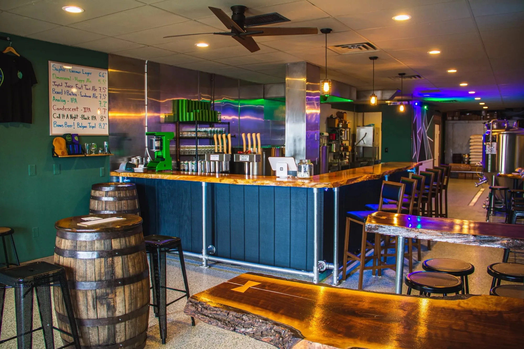 The Chilton Mill Brewing taproom bar with barrels
