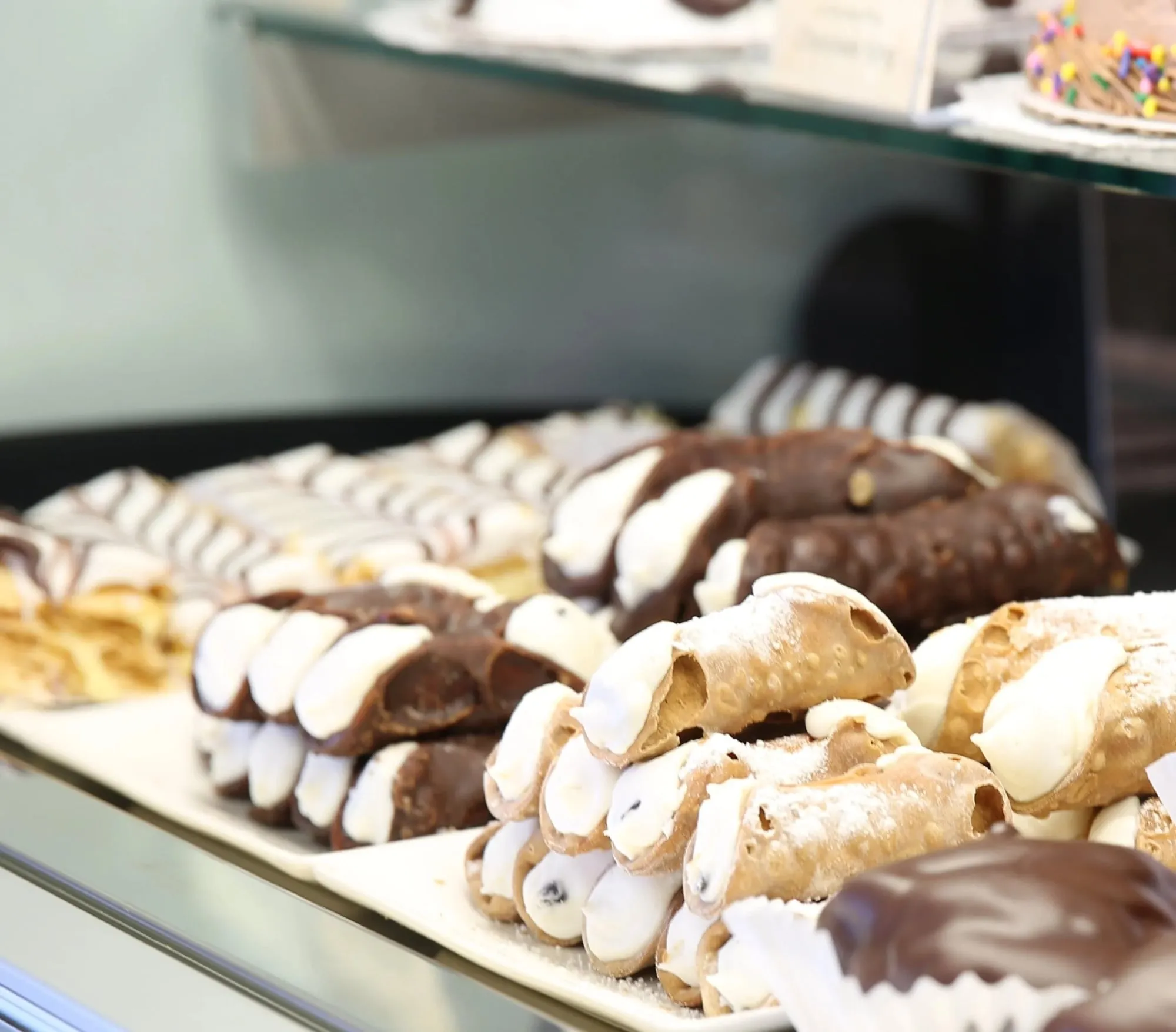 A tray of classic and chocolate-dipped cannoli at Clove Brook Market
