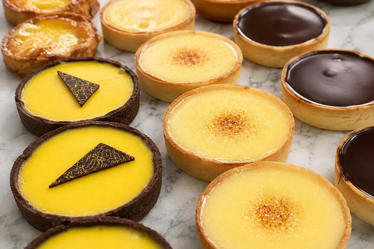 Lemon, crème brûlée and chocolate tarts in buttery shells on a marble counter