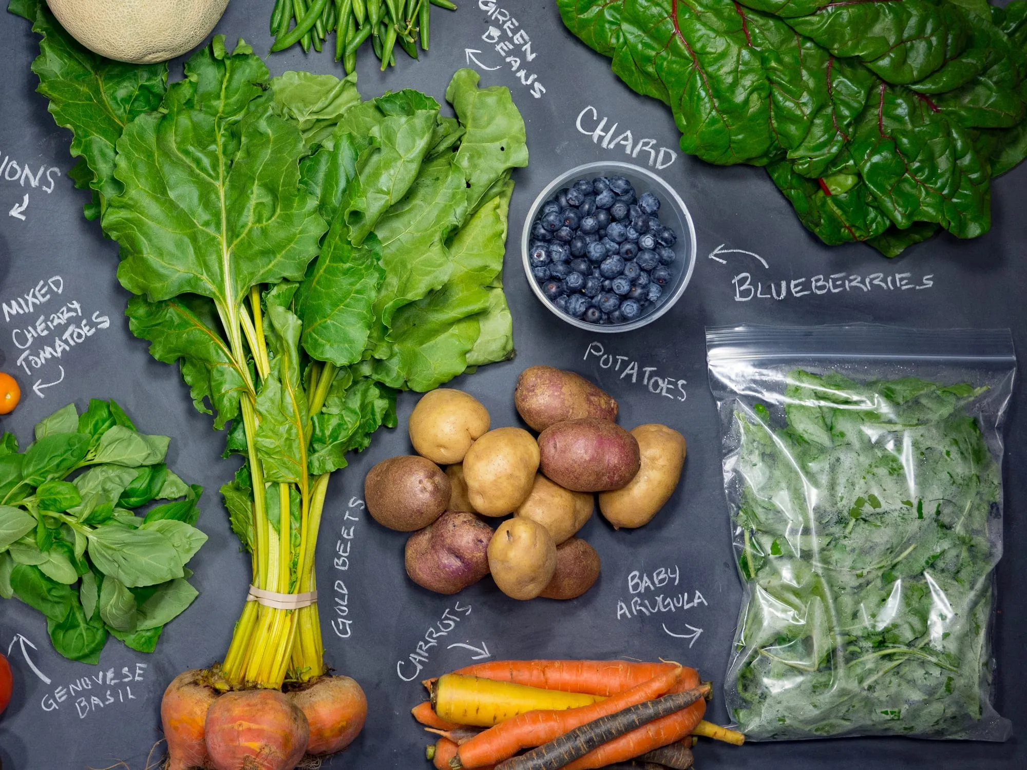 A CSA share laid out on a chalkboard: gold beets, chard, basil, blueberries, potatoes and rainbow carrots