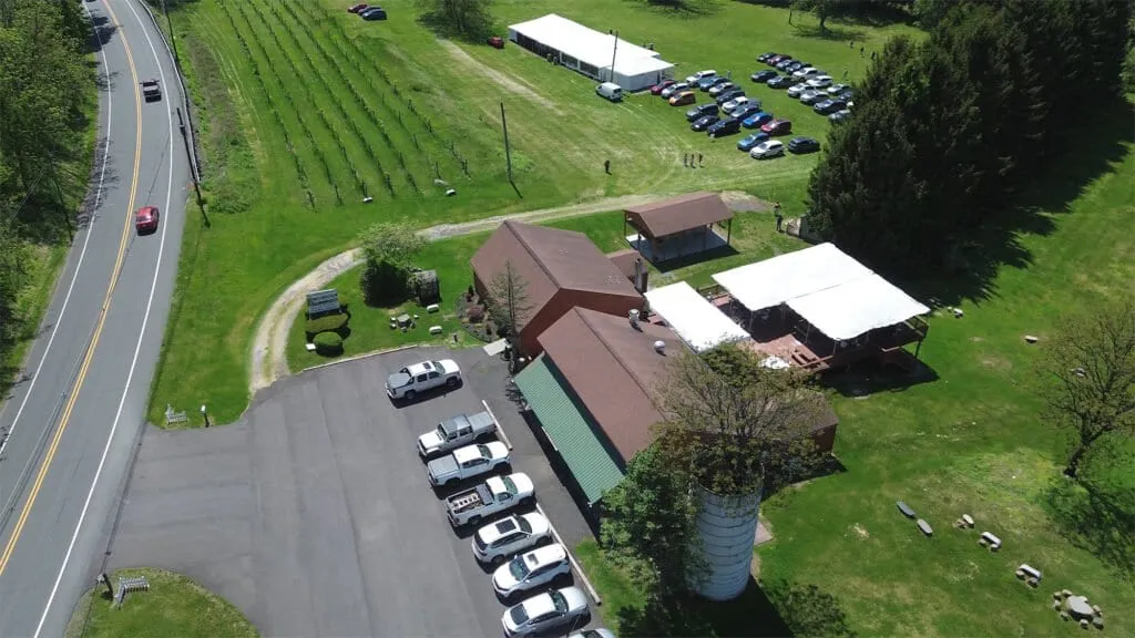 Aerial view of Four Sisters Winery and its vineyard in Belvidere