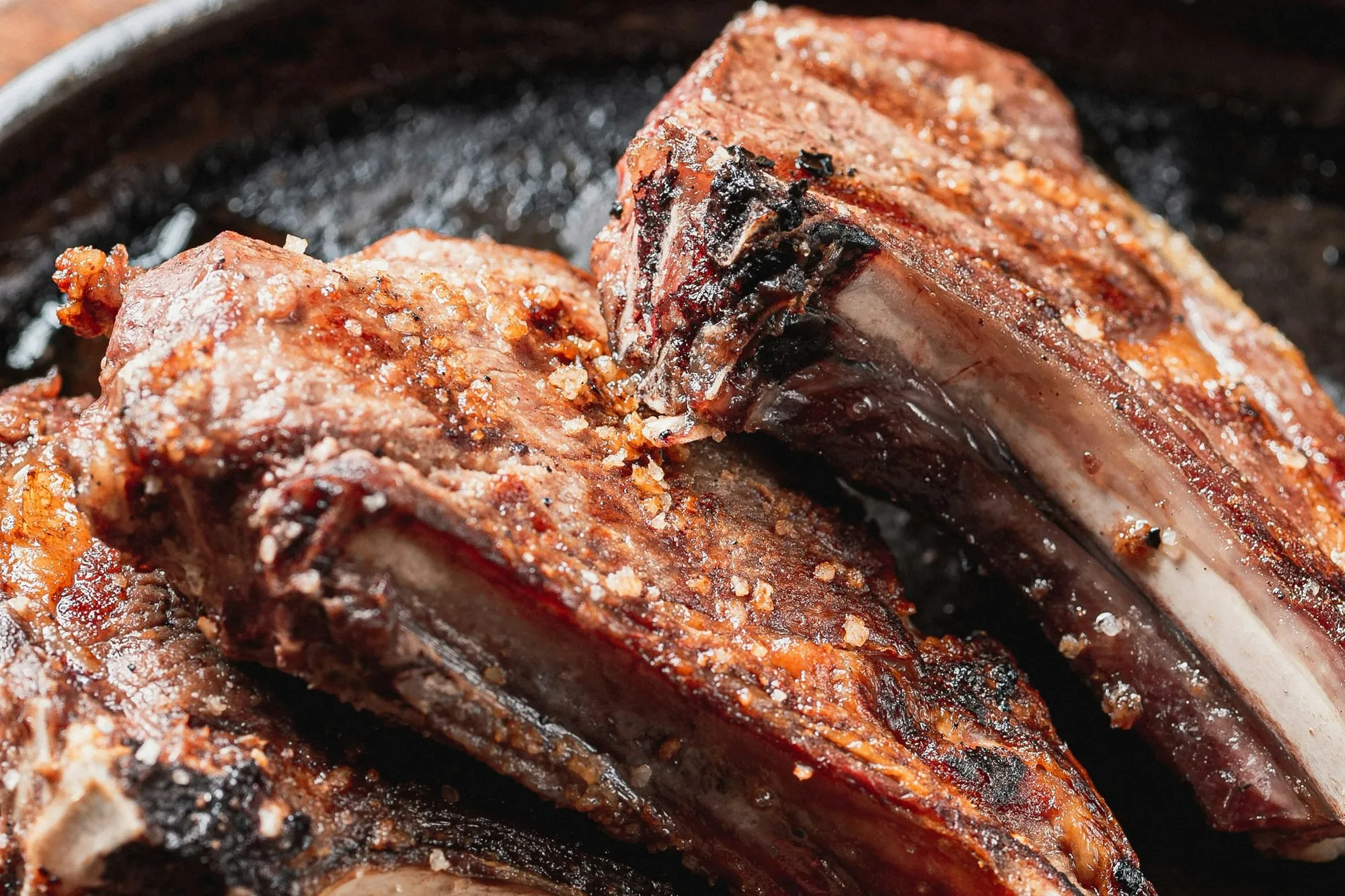 Seared, salt-crusted lamb rib chops in a cast iron pan (stock photo)