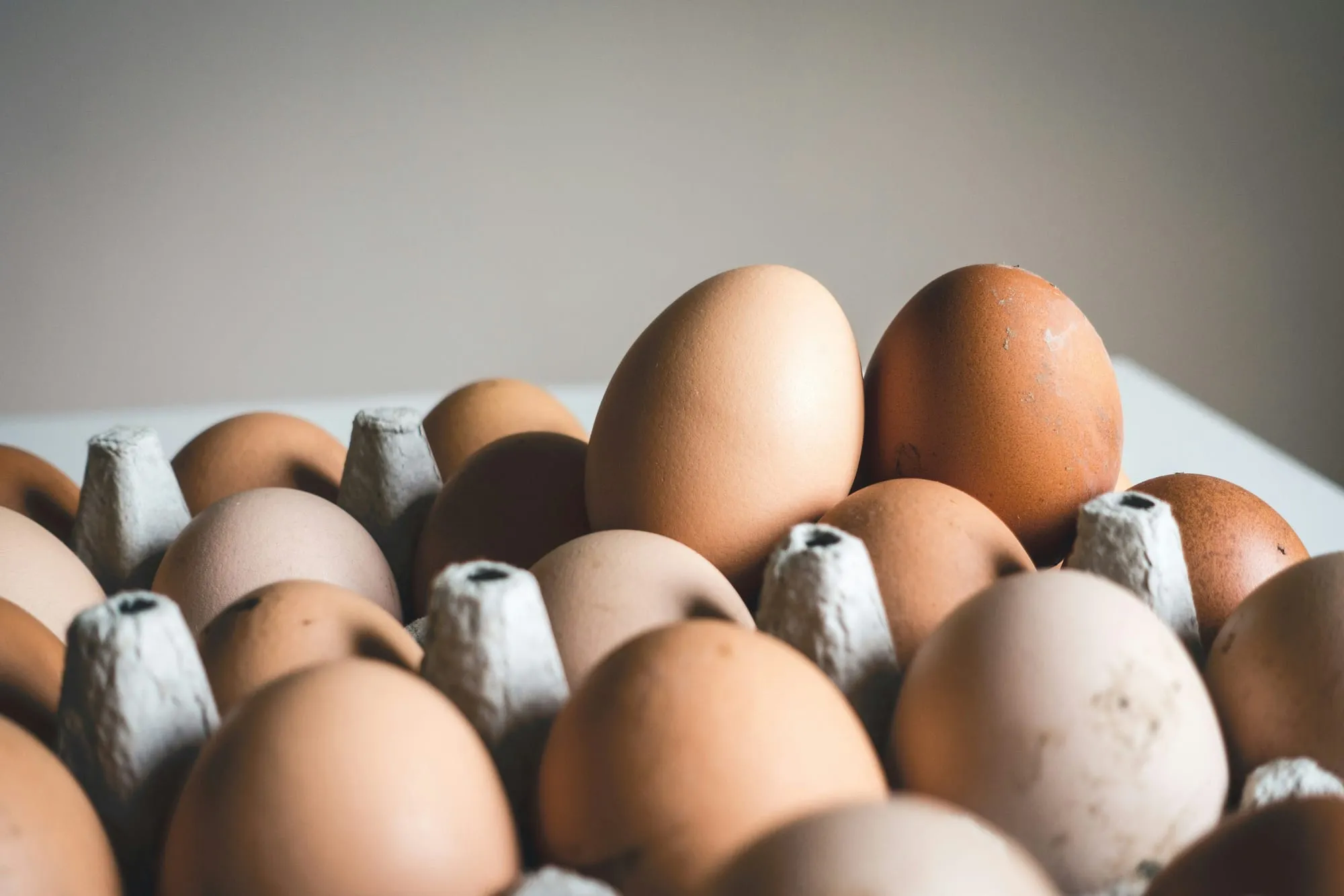 Brown farm eggs in a carton, close up (stock photo)