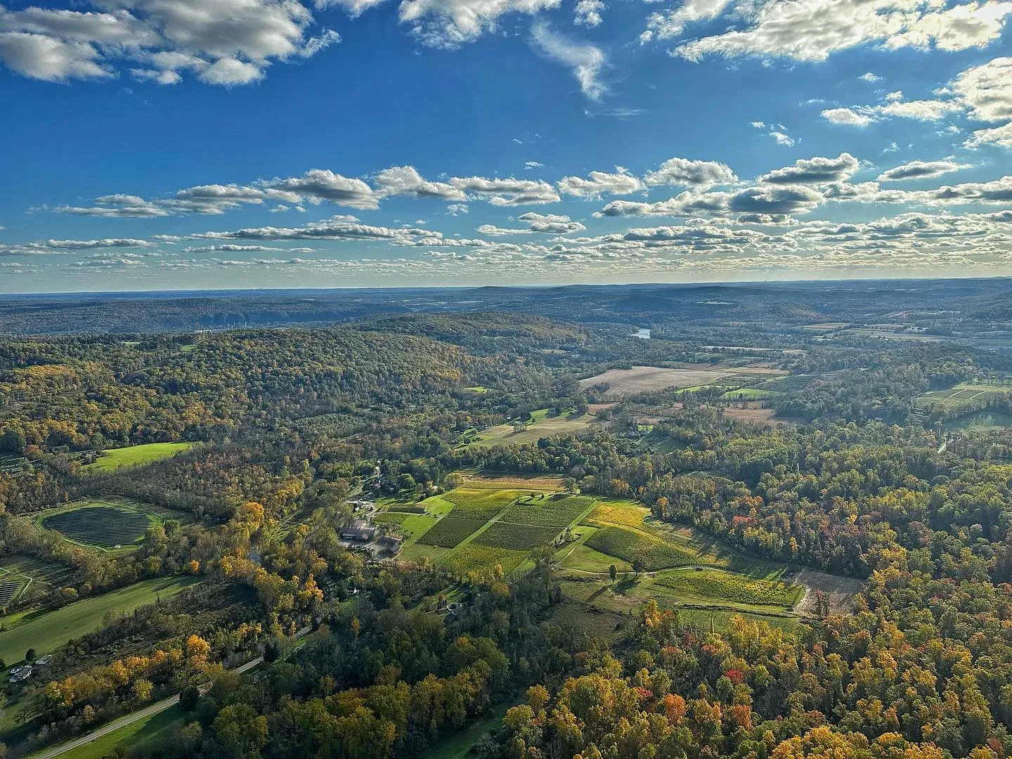 Aerial view of Alba Vineyard and the Delaware River Valley in fall color