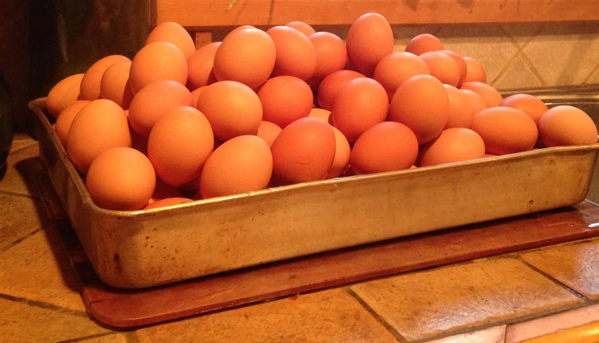 A tray heaped with brown eggs from the farm's pastured hens