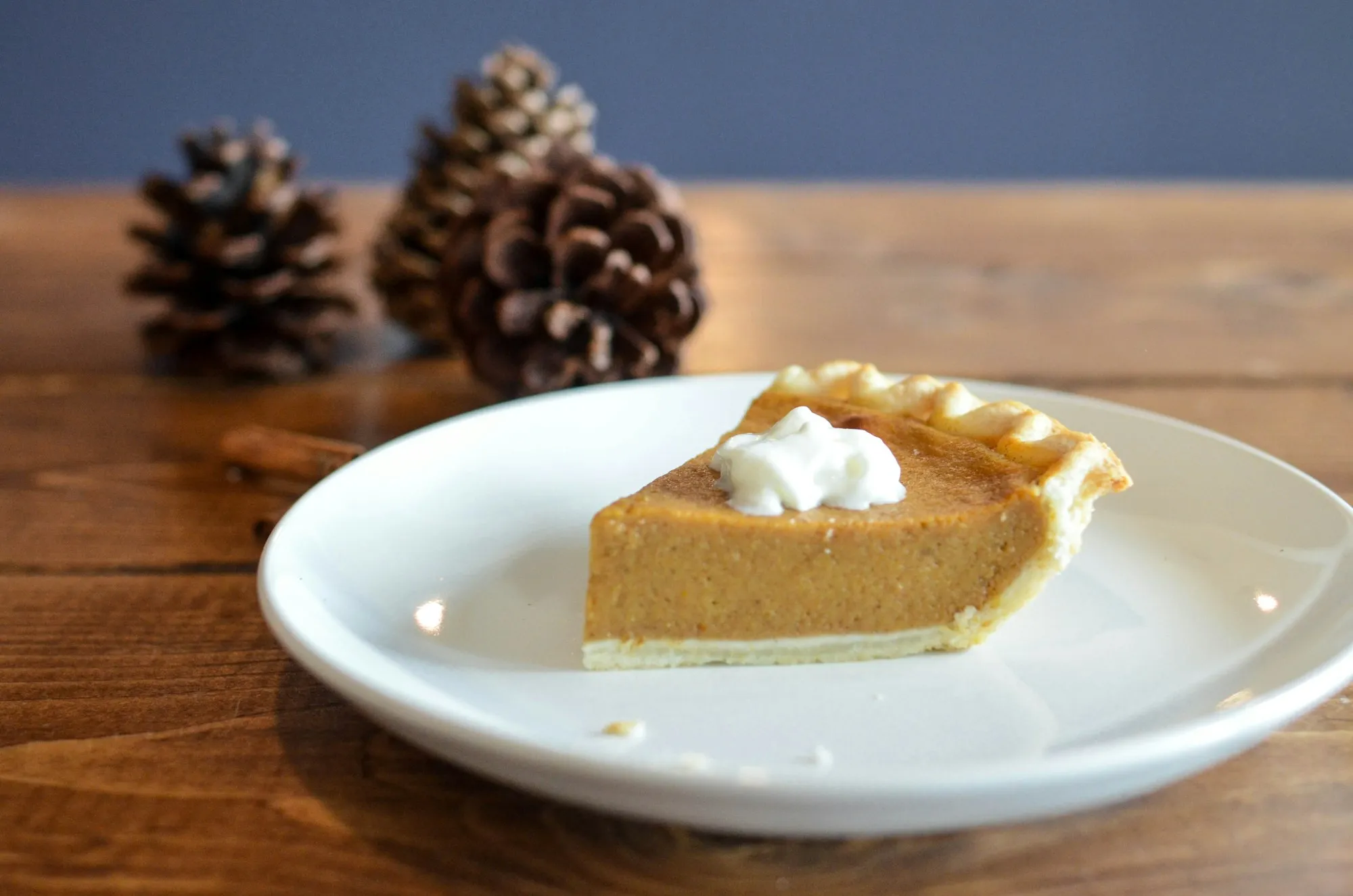 A slice of pumpkin pie with whipped cream on a white plate, with pine cones behind (stock photo)