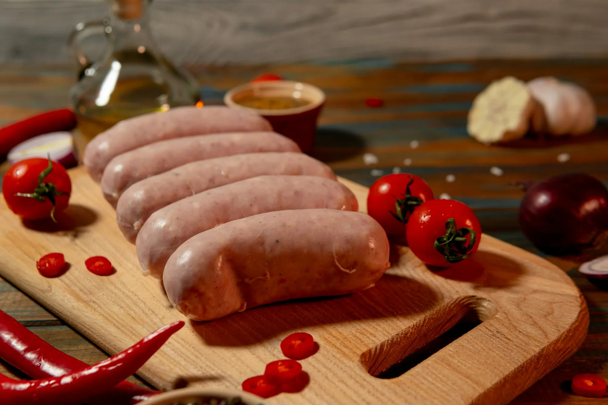 Fresh raw sausage links on a wooden board with cherry tomatoes, garlic and chili peppers (stock photo)