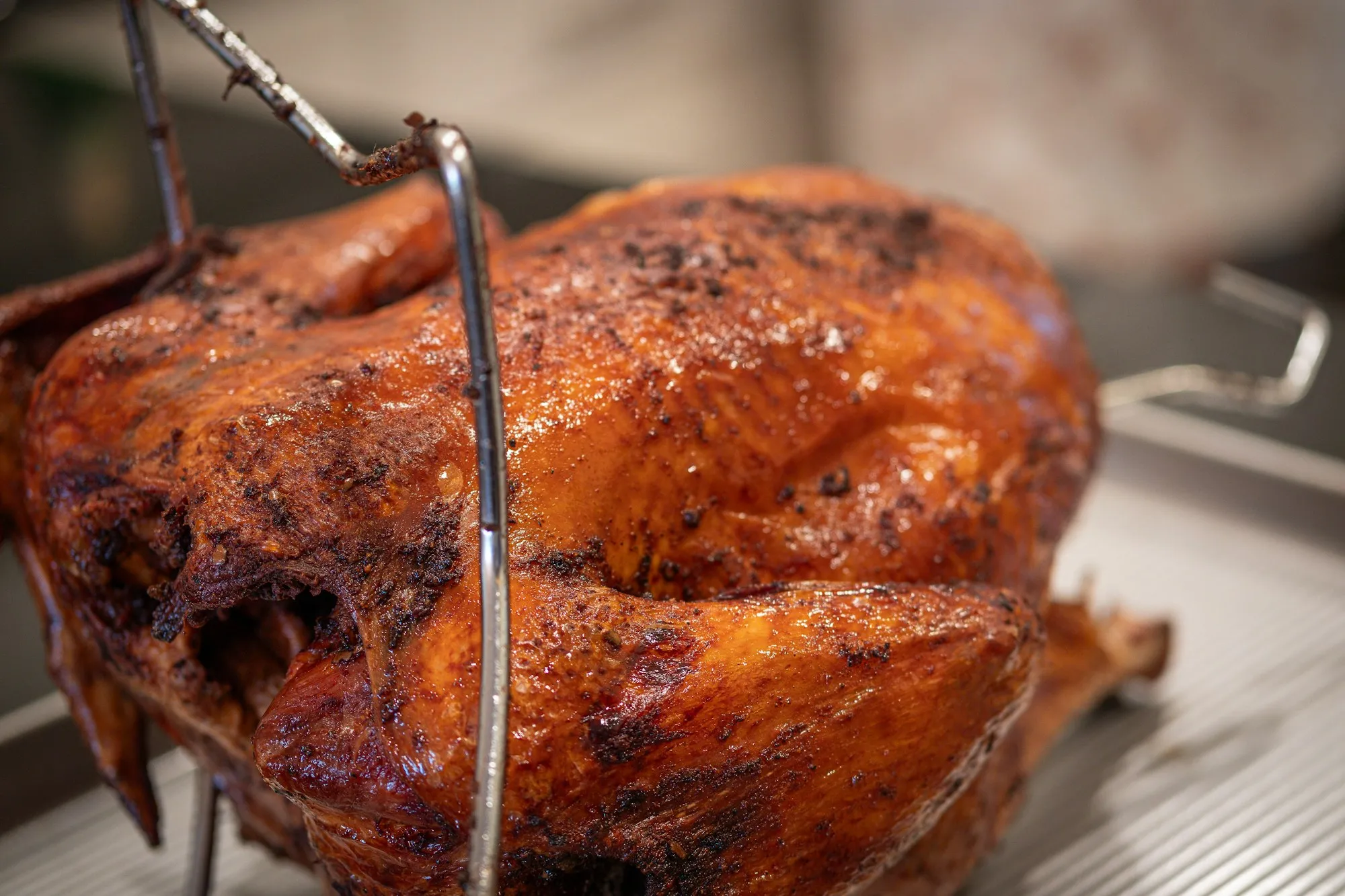 Close up of a deep golden roast turkey with crisp, peppered skin on a roasting rack (stock photo)