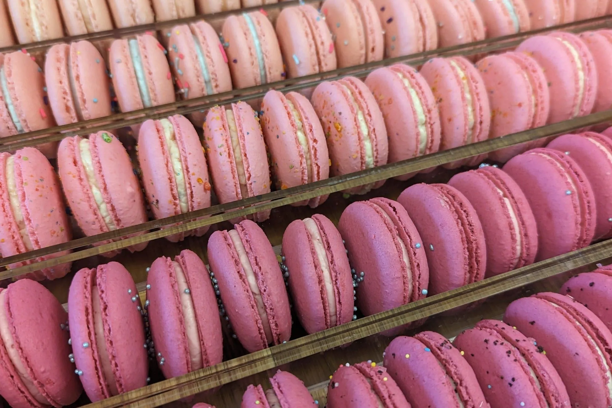 Rows of pink French macarons lined up on trays